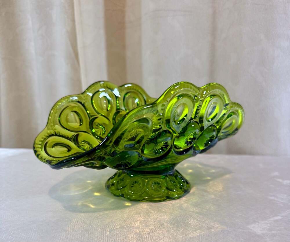 Vintage‎ L.E. Smith Moon and Stars Green Glass Low Banana Boat Fruit Bowl